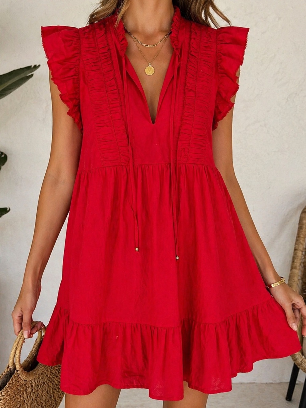 Caroline Constas Red Ruffle Cotton Tunic Dress Boho Mini